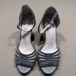 David's Bridal Gray Metallic Heels with Strappy Design- NWOT